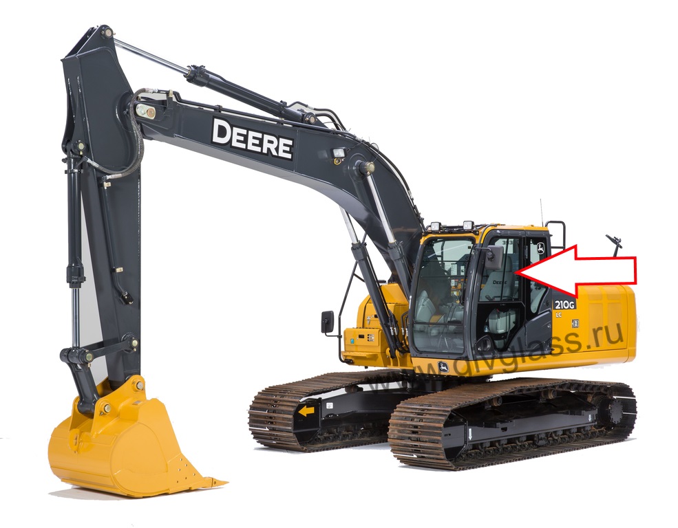 Гусеничный экскаватор John Deere LC 200 G /LC 240 G/ LC 260 G/LC 300 G / LC 330 G / LC 360 G - Стекло дверное левое верхнее (форточка ближе к заднему стеклу) (закаленное)