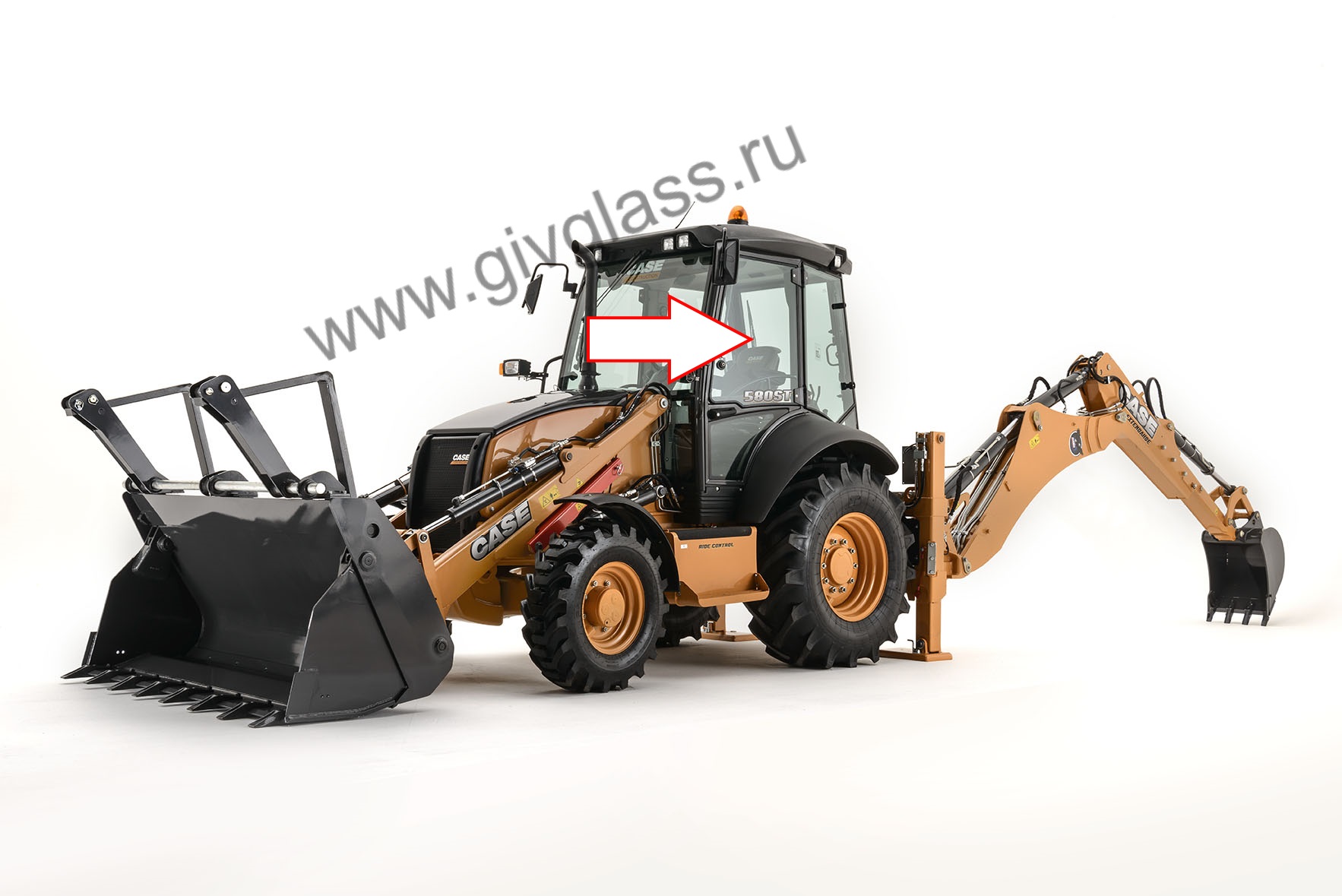 Экскаватор-погрузчик CASE 580 ST - Стекло дверное верхнее левое с вырезом снизу (закаленное)