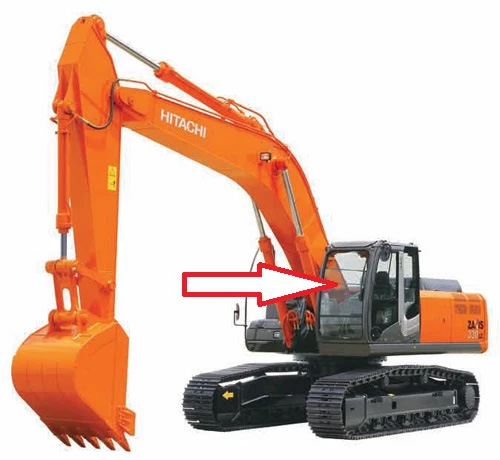 Экскаватор гусеничный (колёсный) Hitachi ZX180/200/210/240/250/270/280/300/330/350/400/470 LC3/ LCN-3 2005 - Стекло лобовое верхнее с шелкографией и отверстием под дворник (закалённое)