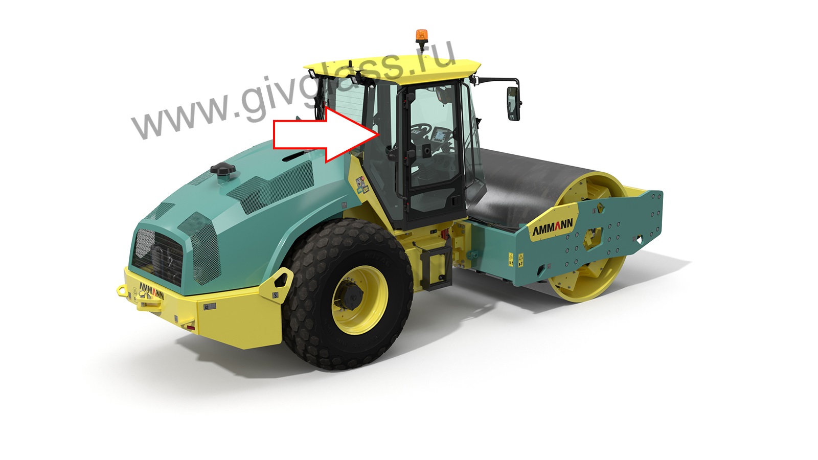 Грунтовый каток AMMANN ARS 200 - Стекло заднее кузовное правое (закаленное/триплекс), фон зеленый, толщина 5 мм