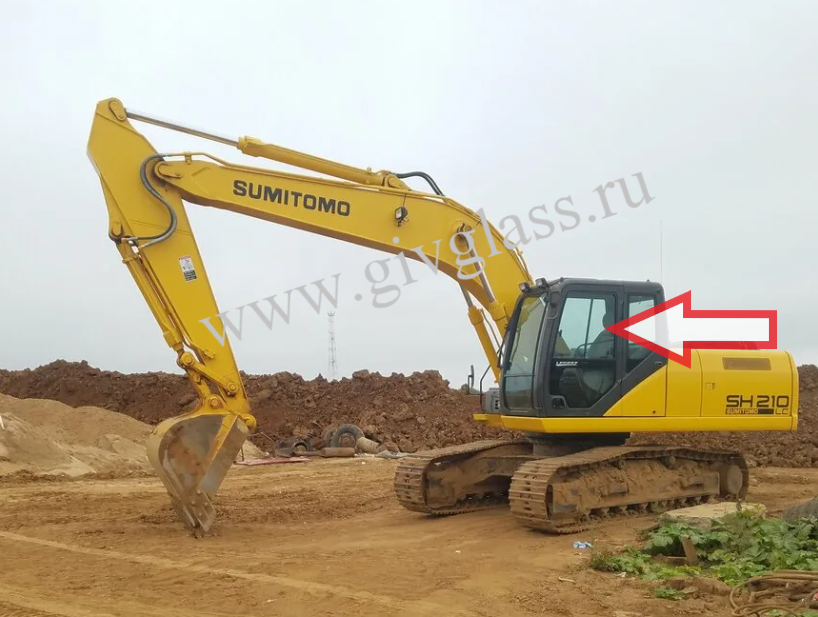 Гусеничный/колесный экскаватор SUMITOMO SH 210-5 - Стекло дверное левое верхнее (форточка ближе к заднему стеклу) (закаленное) 
Номер в каталоге KHN15380