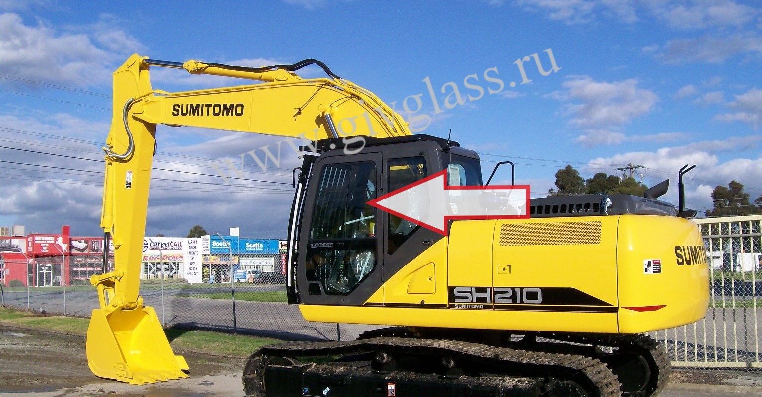 SUMITOMO SH 210-6 /SH300-6  - Стекло дверное левое верхнее (форточка ближе к заднему стеклу) (закаленное)