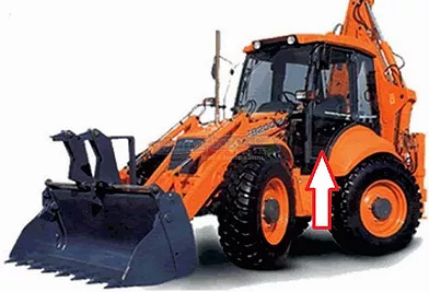 Экскаватор-погрузчик Fiat Hitachi FB 100-2/200-2  - Стекло дверное нижнее левое с шелкографией и отверстиями (закалённое)
