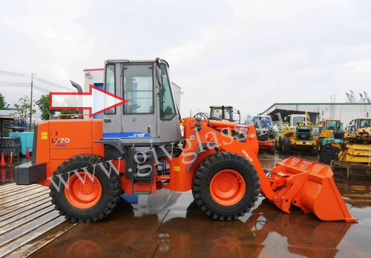 Фронтальный погрузчик Hitachi LX 70 - Стекло дверное нижнее неподвижное левое/правое (закаленное) цена за шт.