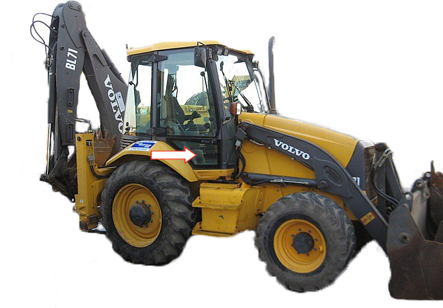 Экскаватор-погрузчик Volvo BL61/Volvo BL71 2003 - Стекло дверное нижнее правое с шелкографией и отверстиями  (закалённое) 