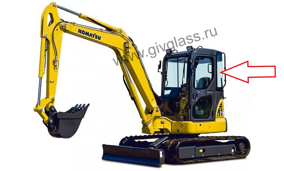 Мини-экскаватор KOMATSU PC-55MR - Cтекло кузовное заднее левое, размер 480 мм * 870 мм, изогнутое
​