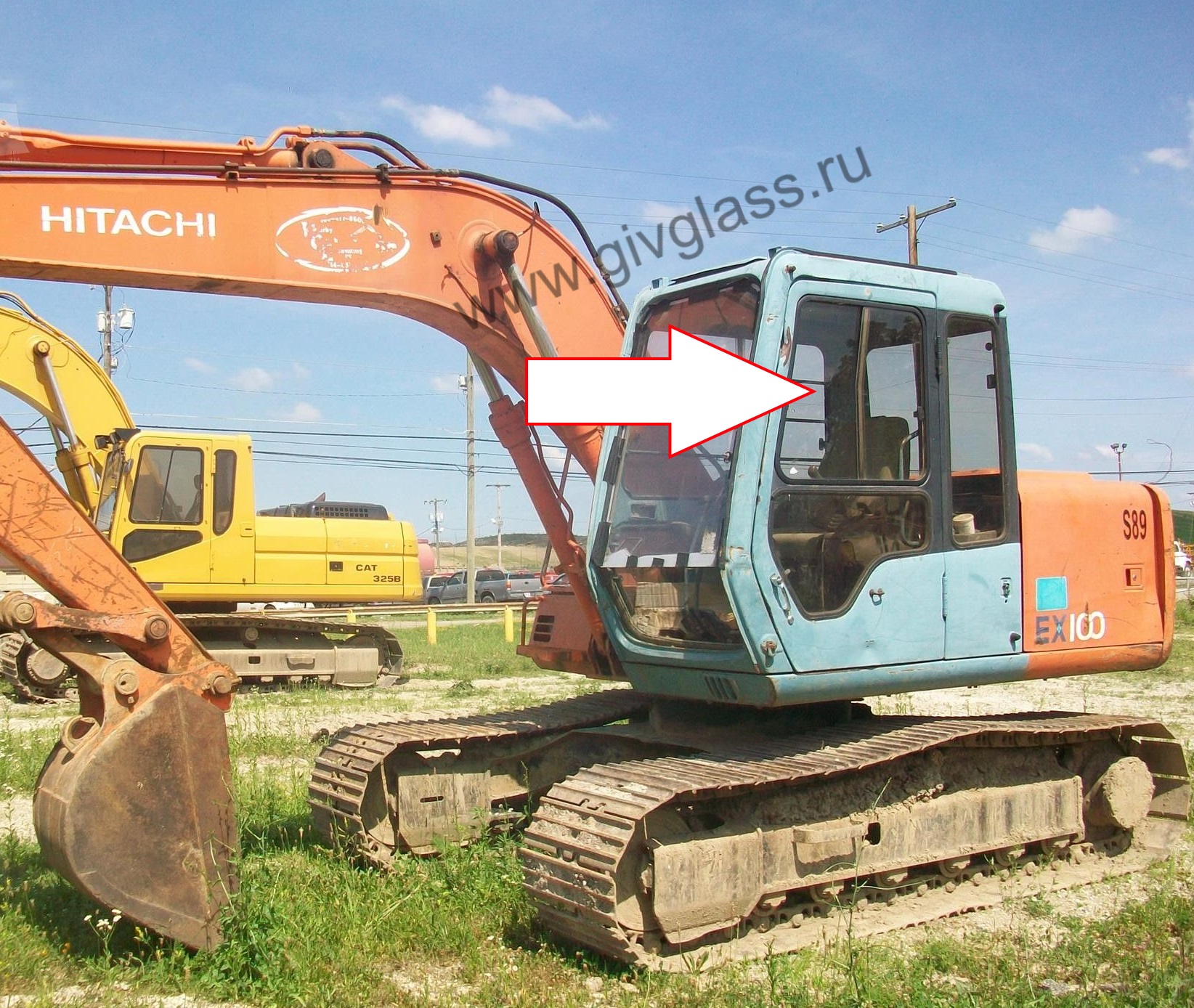 Экскаватор гусеничный Hitachi EX100/120/200/300-3 серия - Стекло дверное верхнее левое подвижная форточка ближе к лобовому (закаленное)