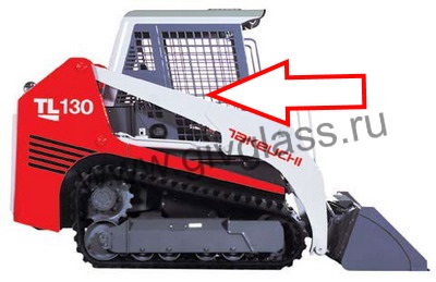 Мини-погрузчик TAKEUCHI TL 130, TL 140, TL 150 - Стекло кузовное правое в рамке неподвижное нижнее ближе к лобовому стеклу (закаленное)