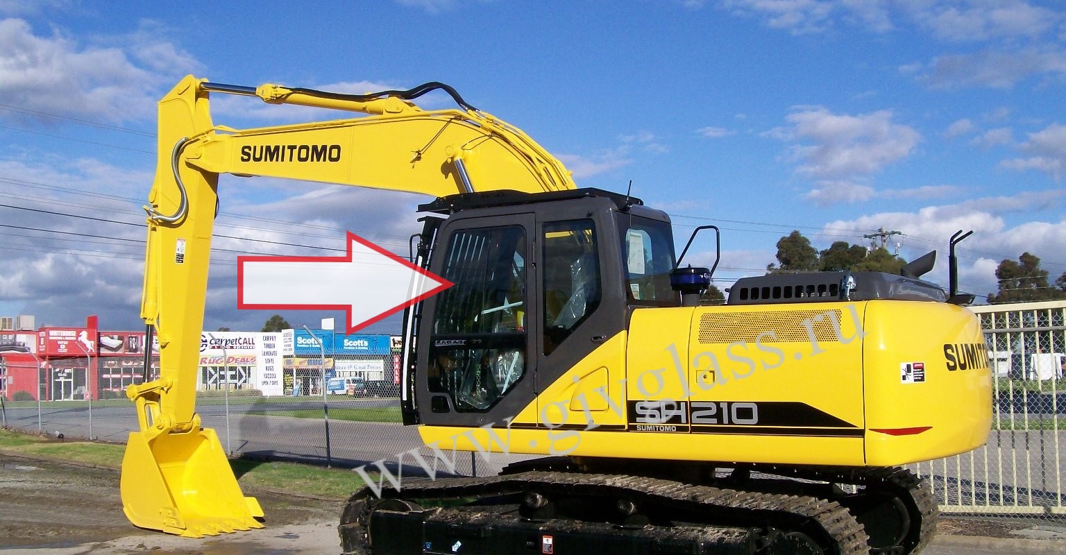 SUMITOMO SH 210-6 /SH300-6  - Стекло дверное левое верхнее (форточка ближе к лобовому стеклу) (закаленное)