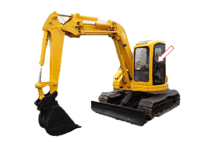 Мини-экскаватор Komatsu PC 75 - Стекло дверное левое с шелкографией и отверстием (закалённое)