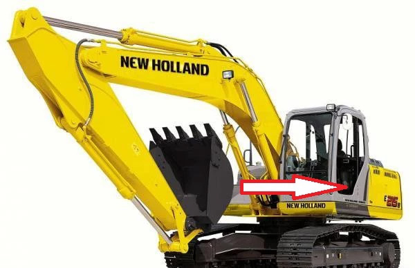Экскаватор гусеничный New Holland E 215 B - Стекло дверное нижнее левое с шелкографией и отверстиями (закалённое)