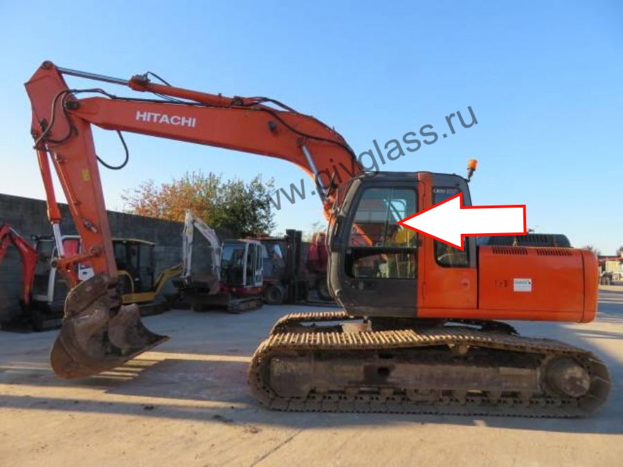 Экскаватор колёсный Hitachi ZAXIS ZX130/140/160/180/225/W 2003 - Стекло дверное левое верхнее (форточка) (ближе к заднему стеклу) (закаленное) 